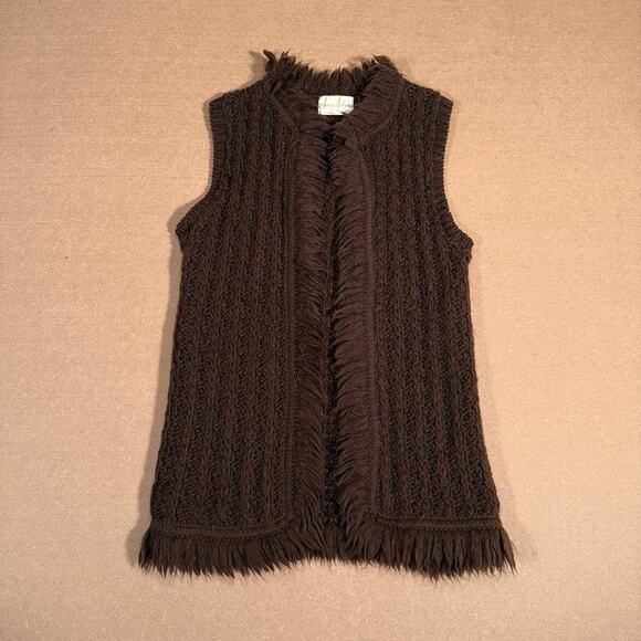 Vintage 60s Ann Arbor Brown Wool Fringe Knit Vest Boho Hippie Made in USA XS - Picture 1 of 8